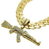 AK-47 Rifle Gun Iced Pendant Cuban Chain Gold Finish Necklace 33"