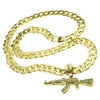 AK-47 Rifle Gun Iced Pendant Cuban Chain Gold Finish Necklace 33"