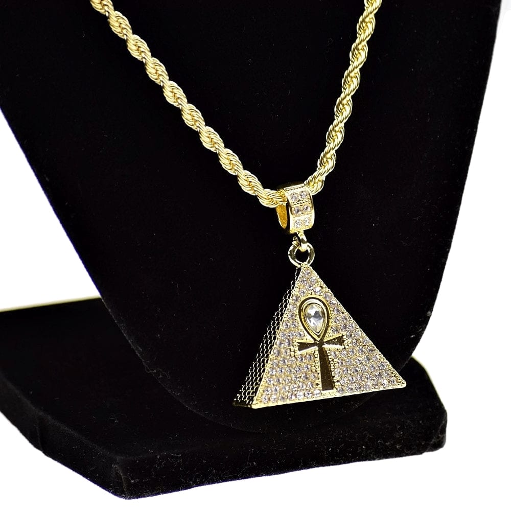 Ankh Pyramid Iced 3D Pendant Iced Flooded Out Gold Finish Rope Chain N