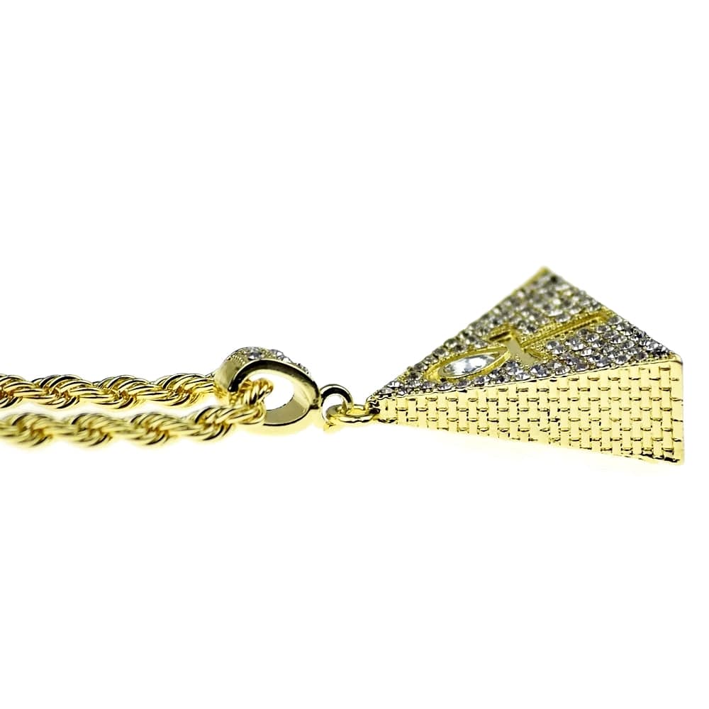 Ankh Pyramid Iced 3D Pendant Iced Flooded Out Gold Finish Rope Chain N