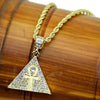 Ankh Pyramid Iced Pendant Gold Finish Rope Chain Necklace 24"