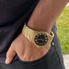 Arabic Numerals Gold Finish Black Face Dial Iced Nugget Watch