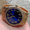 Arabic Numerals Gold Finish Blue Face Dial Iced Nugget Watch
