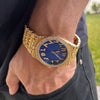 Arabic Numerals Gold Finish Blue Face Dial Iced Nugget Watch