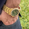 Arabic Numerals Gold Finish Green Face Dial Iced Nugget Watch