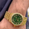 Arabic Numerals Gold Finish Green Face Dial Iced Nugget Watch