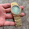 Arabic Numerals Gold Finish Green Face Dial Iced Nugget Watch