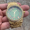 Arabic Numerals Gold Finish Green Face Dial Iced Nugget Watch