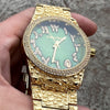 Arabic Numerals Gold Finish Green Face Dial Iced Nugget Watch