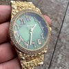 Arabic Numerals Gold Finish Green Face Dial Iced Nugget Watch