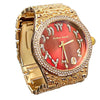 Arabic Numerals Gold Finish Red Face Dial Iced Nugget Watch