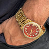 Arabic Numerals Gold Finish Red Face Dial Iced Nugget Watch