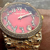 Arabic Numerals Gold Finish Red Face Dial Iced Nugget Watch