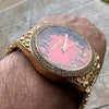 Arabic Numerals Gold Finish Red Face Dial Iced Nugget Watch