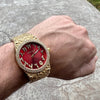 Arabic Numerals Gold Finish Red Face Dial Iced Nugget Watch