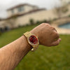 Arabic Numerals Gold Finish Red Face Dial Iced Nugget Watch