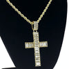 Baguette Cross Iced Pendant 24" Gold Finish Rope Chain Necklace