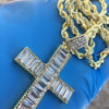 Baguette Cross Iced Pendant 24" Gold Finish Rope Chain Necklace