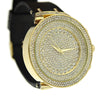 Big Hip Hop Watch Round Micro Pave Iced Flooded Out Gold Finish Black Band