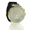 Big Hip Hop Watch Round Micro Pave Iced Flooded Out Gold Finish Black Band