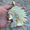 Big Indian Chief Head Iced Flooded Out Pendant Franco Chain Gold Finish Necklace 36"