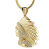 Big Indian Chief Head Iced Flooded Out Pendant Franco Chain Gold Finish Necklace 36"