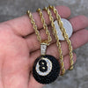 Black 8 Ball Iced Pendant Gold Finish Rope Chain Necklace 24"