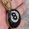 Black 8 Ball Iced Pendant Gold Finish Rope Chain Necklace 24"