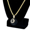 Black 8 Ball Iced Pendant Gold Finish Rope Chain Necklace 24"