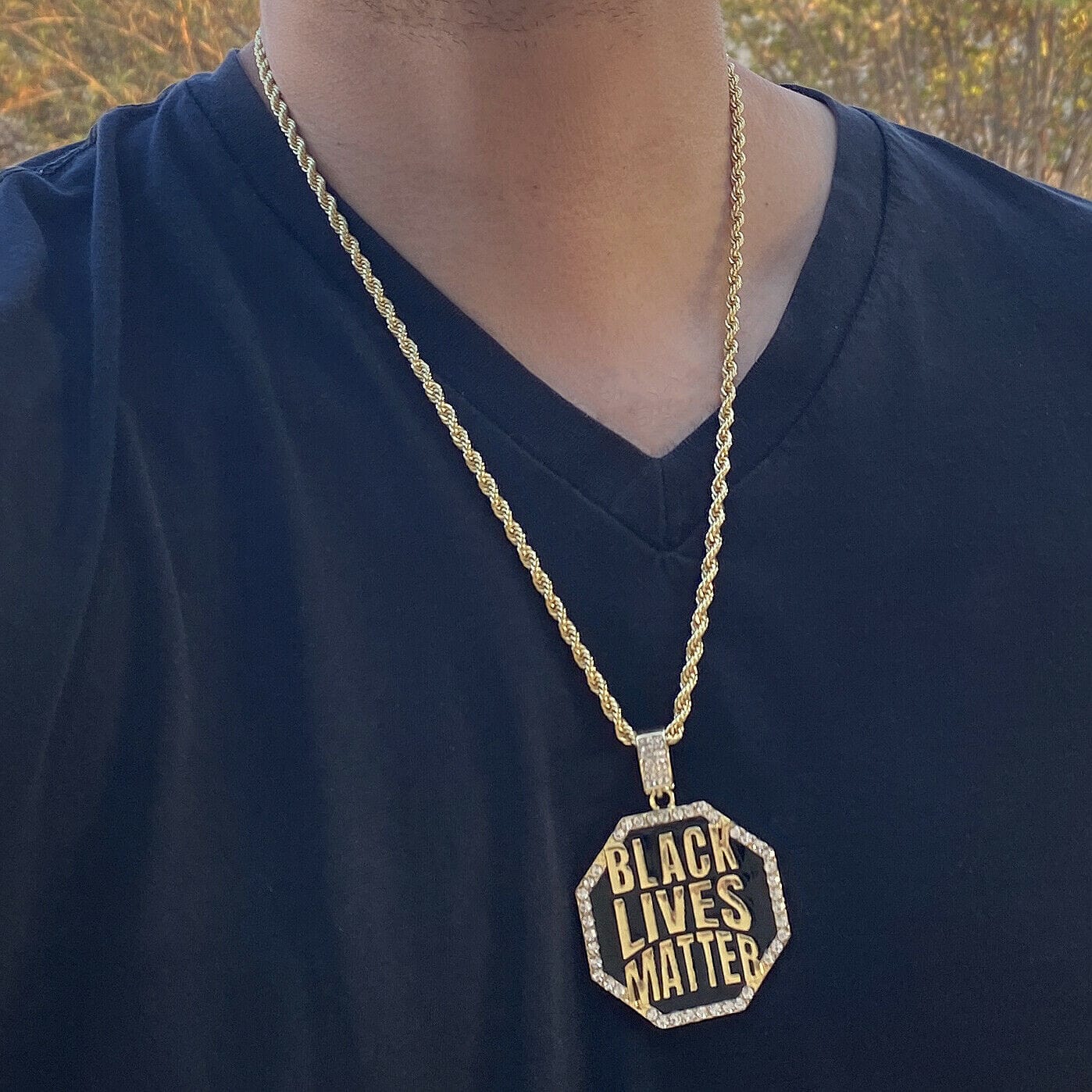 Black Lives Matter Big Octagon Gold Finish Rope Chain Necklace 24