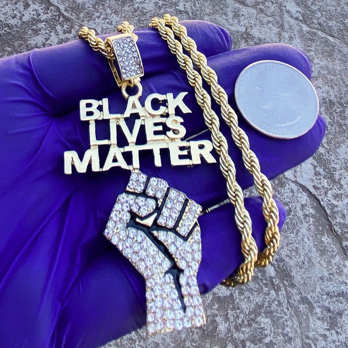 Black Lives Matter Raised Fist Gold Finish Rope Chain 30