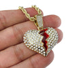 Broken Heart Iced Flooded Out Pendant Rope Gold Finish Chain Necklace 24"