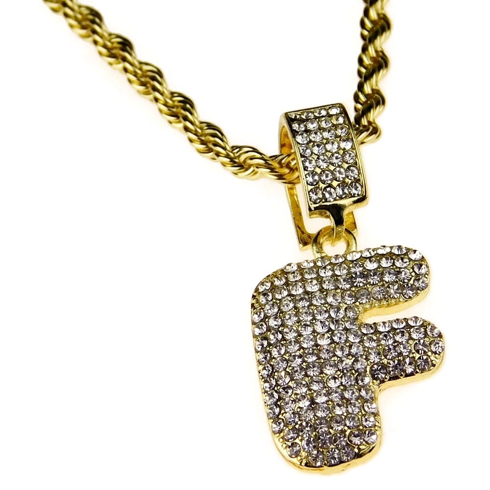 Bubble Letter F Gold Finish Rope Chain Necklace 24