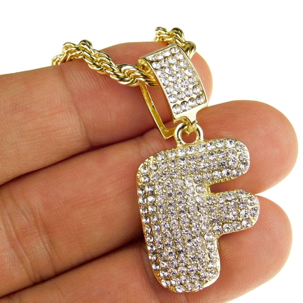 Bubble Letter F Gold Finish Rope Chain Necklace 24