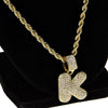 Bubble Letter K Gold Finish Rope Chain Necklace 24"