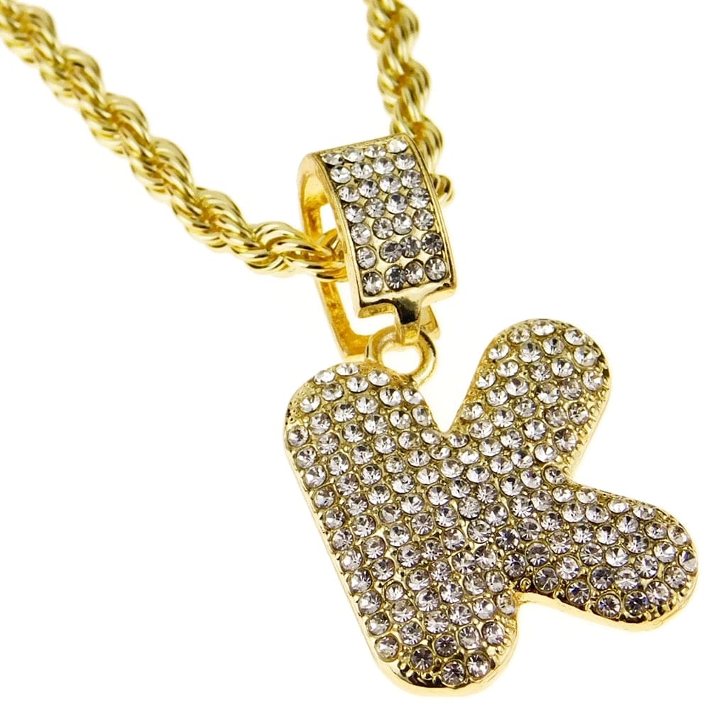 Bubble Letter K Gold Finish Rope Chain Necklace 24
