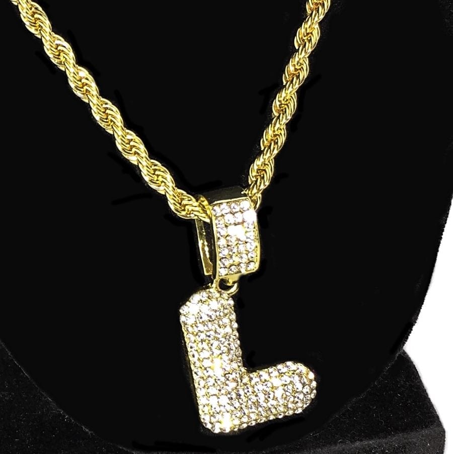 Bubble Letter L Gold Finish Rope Chain Necklace 24