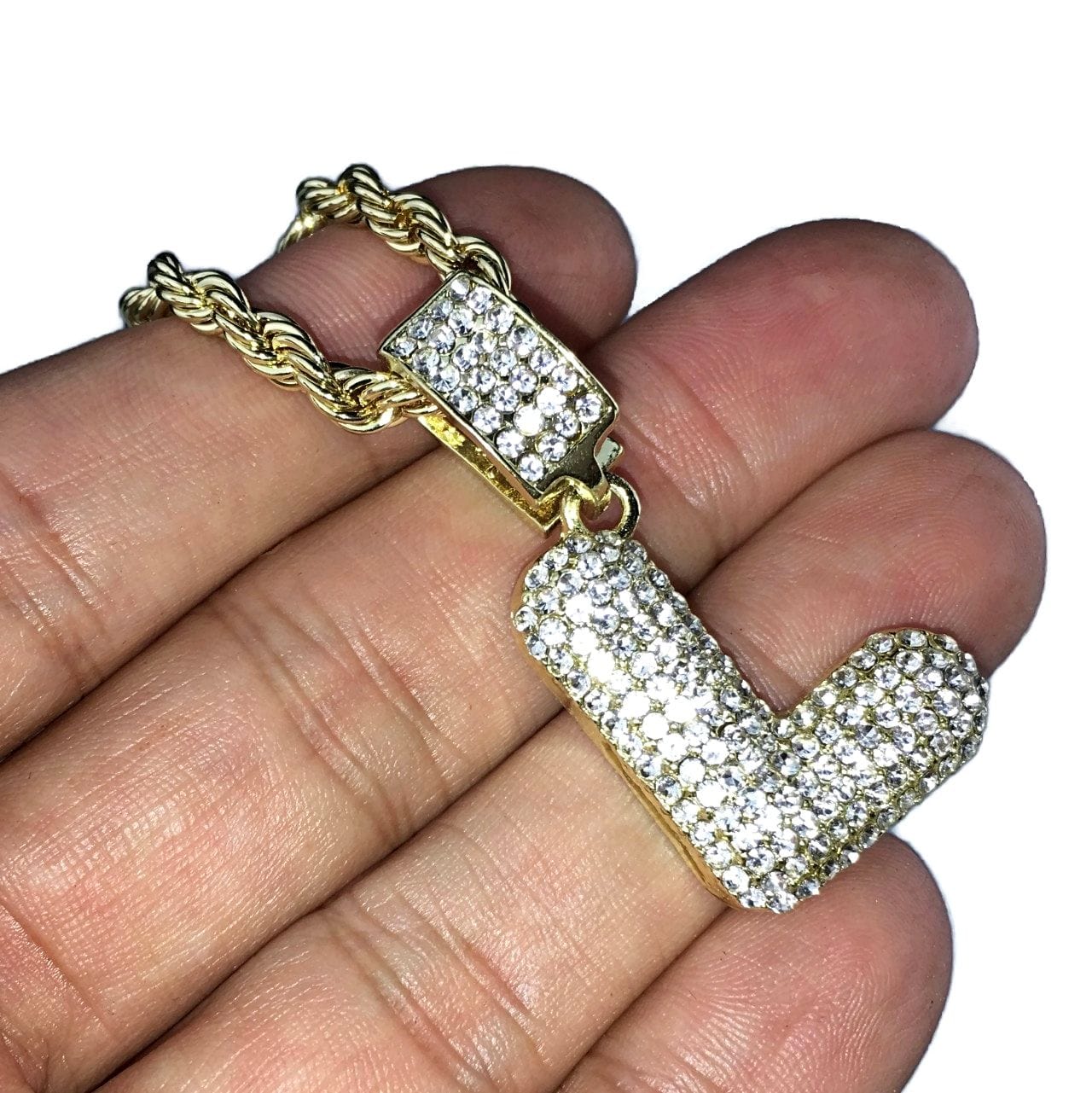 Bubble Letter L Gold Finish Rope Chain Necklace 24