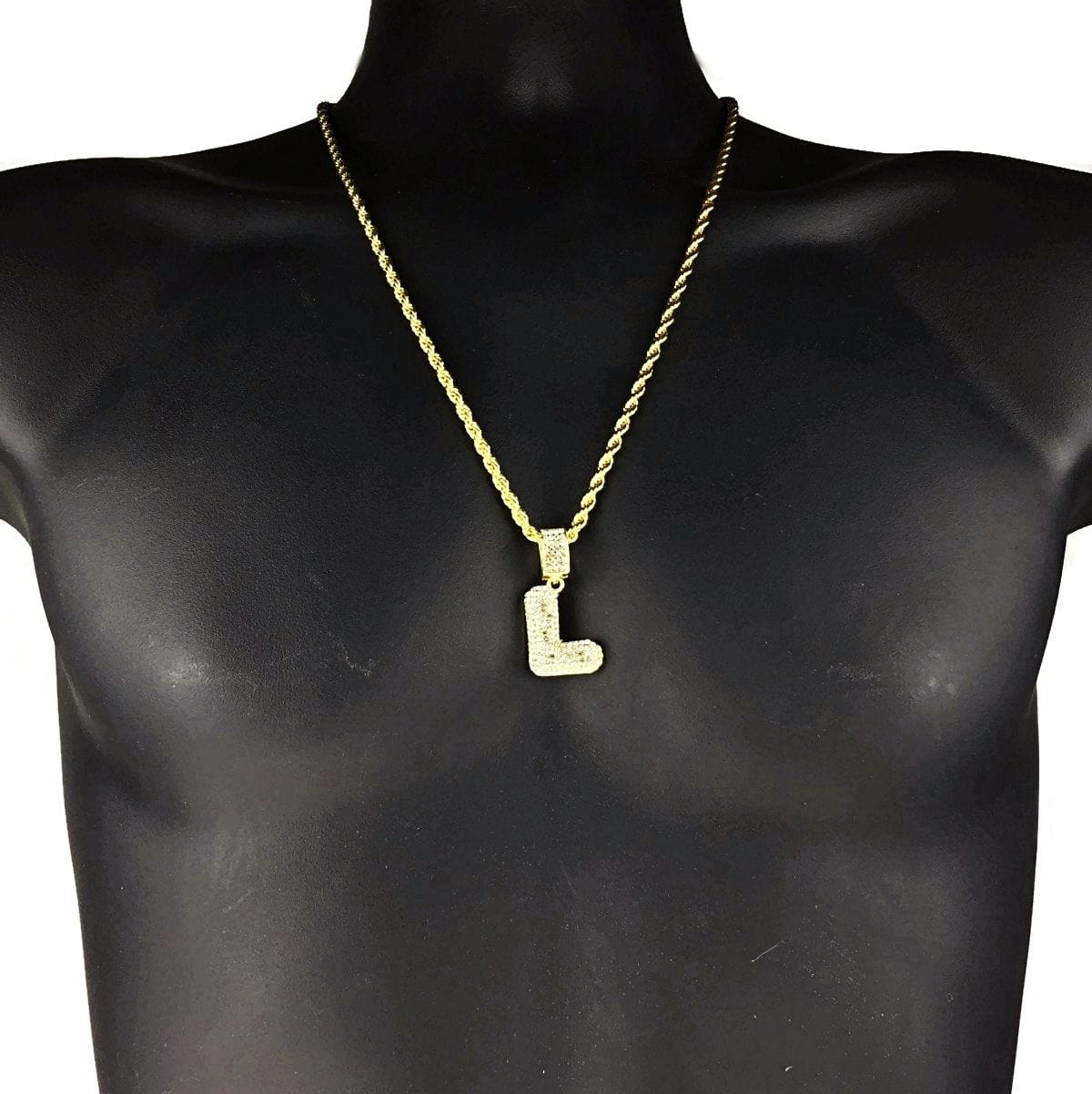 Bubble Letter L Gold Finish Rope Chain Necklace 24
