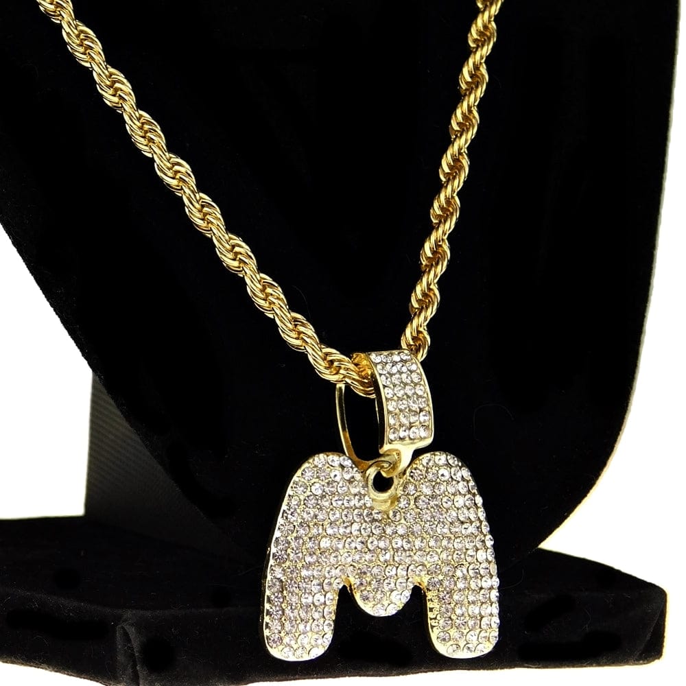 Bubble Letter M Gold Finish Rope Chain Necklace 24