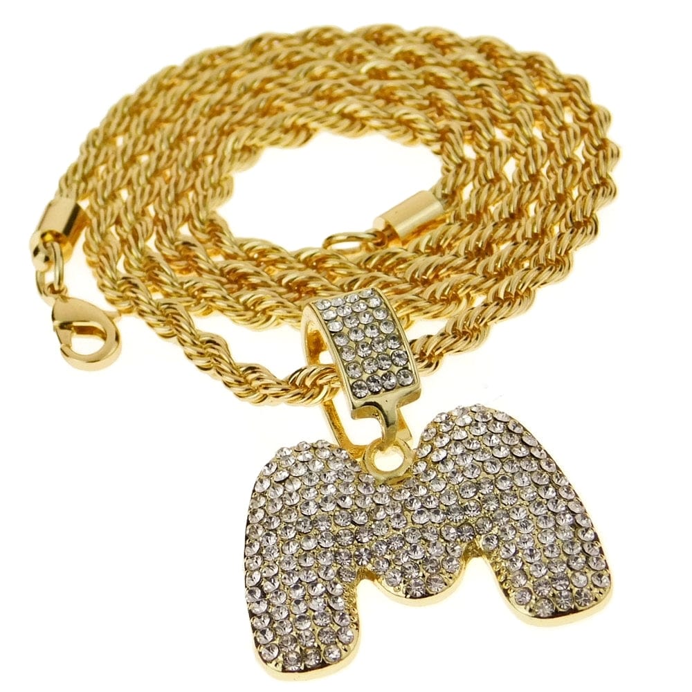 Bubble Letter M Gold Finish Rope Chain Necklace 24