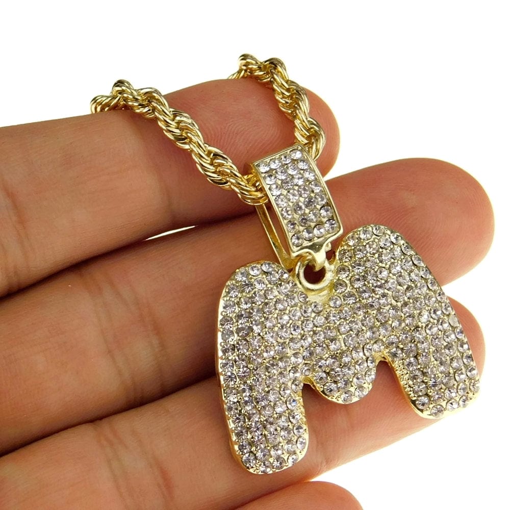 Bubble Letter M Gold Finish Rope Chain Necklace 24