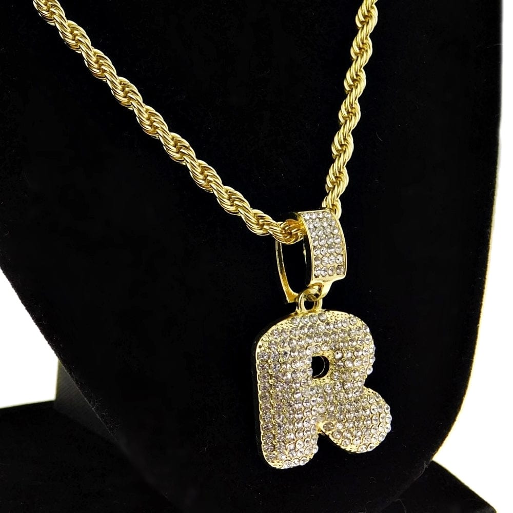 Bubble Letter R Gold Finish Rope Chain Necklace 24