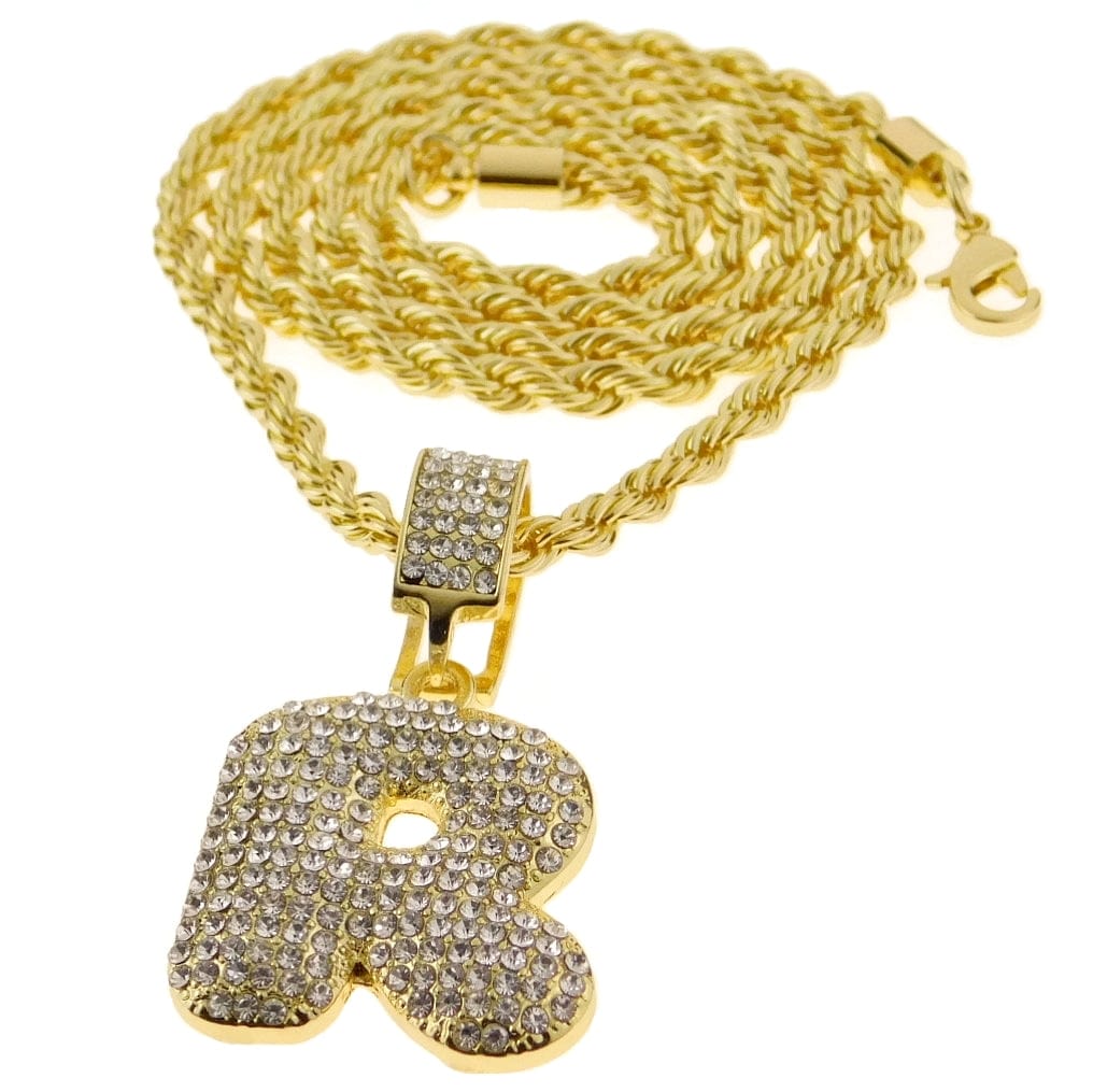 Bubble Letter R Gold Finish Rope Chain Necklace 24