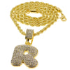 Bubble Letter R Gold Finish Rope Chain Necklace 24"