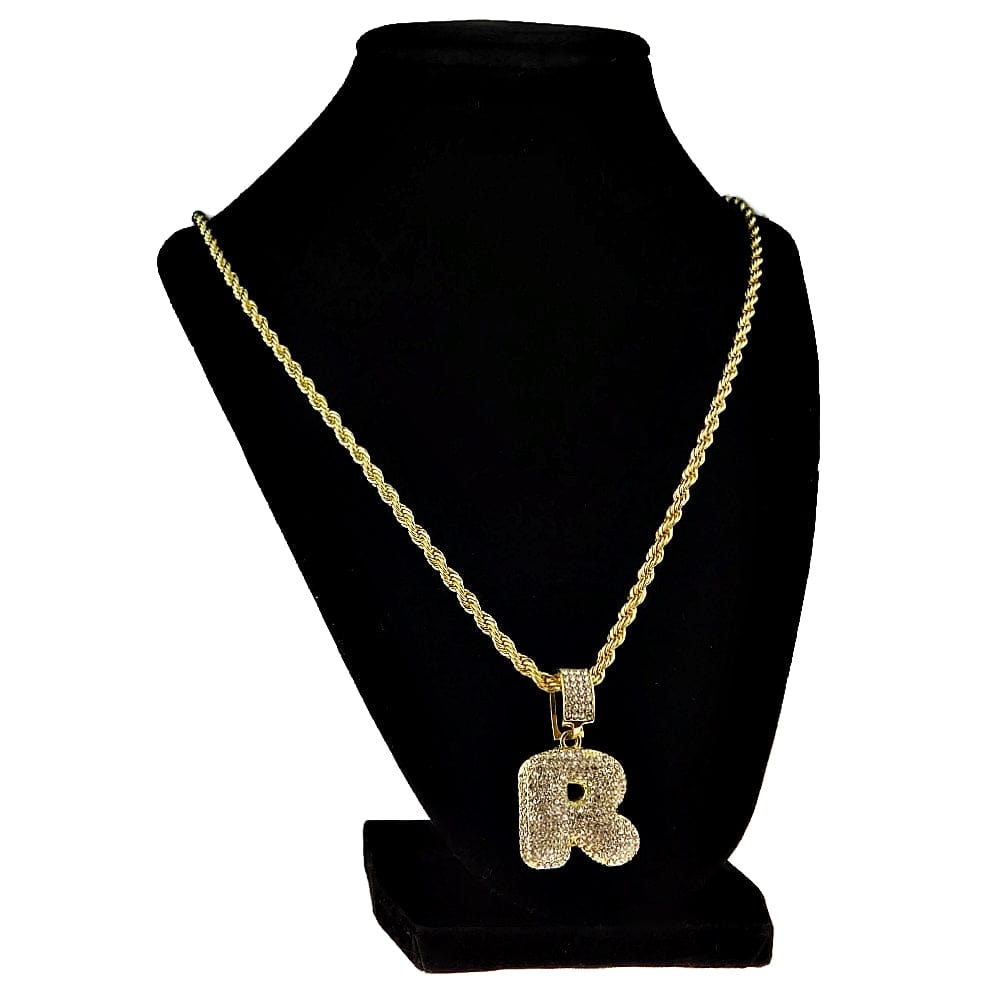 Bubble Letter R Gold Finish Rope Chain Necklace 24