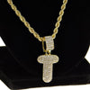 Bubble Letter T Gold Finish Rope Chain Necklace 24"