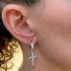 Cross Hoop Earrings Iced CZ 925 Sterling Silver Drop Dangle