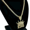 Crown King Iced Pendant Tennis Chain Gold Finish Necklace 24"