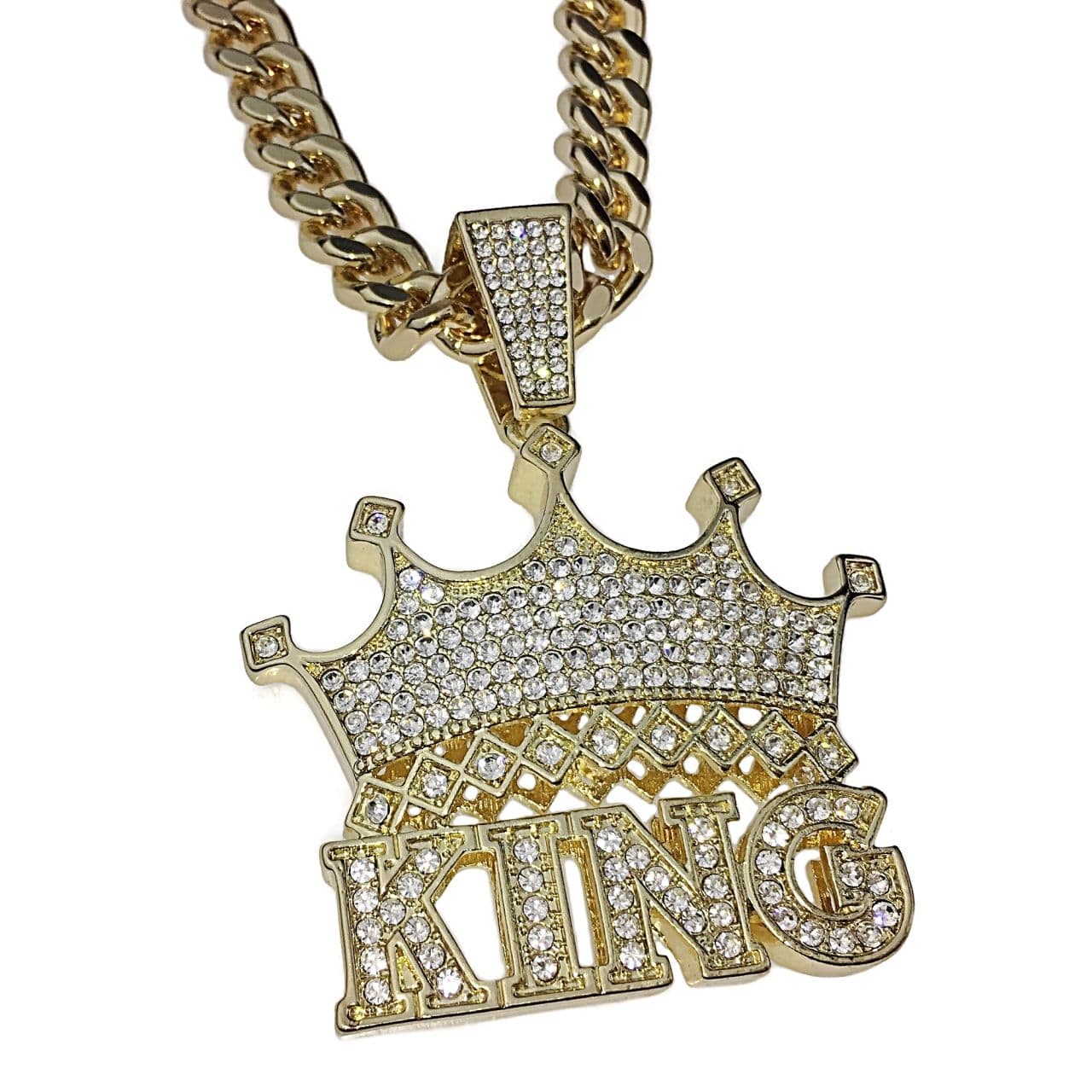 Crown King Pendant Cuban Link Chain Gold Finish Necklace 30"